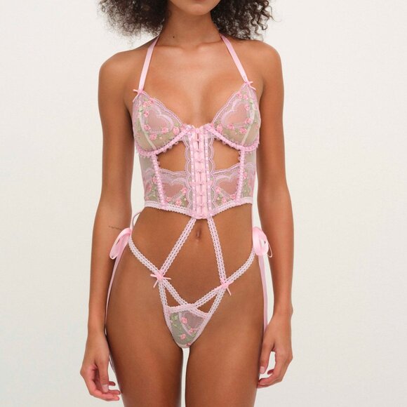 For Love & Lemons Ily Embroidered Teddy Size SS / Pink - Picture 1 of 3